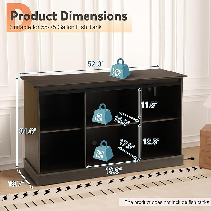 MAGIC UNION 55-75 Gallon Large Fish Tank Stand with Power Outlet, Heavy Duty Aquarium Stand with Sliding Barn Doors, Turtle Reptile Terrarium Stand with Cabinet for Accessories Storage, 1300LBS (Gray)