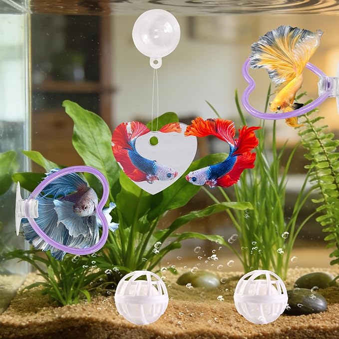 Betta Fish Toys, 2 PCS Heart Fish Exercise Ring and Nitrifying Balls Set, Heart Betta Mirror Toy Set, Feeding Ring with Suction Cup, Fishing Tank Accessories for Gifts (Purple)