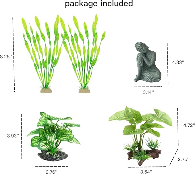 YZHZOM Fish Tank Decorations Set - Aquarium Buddha Statue Decorations, Plastic Plants Set, Betta Fish Tank Accessories