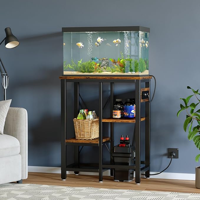 Bestier 10 Gallon Fish Tank Stand with Power Outlet, 20.3x10.6 Metal Aquarium Stand with Filter Storage, 6-Leg Reptile Tank Stand with 3-Tier Adjustable Storage Shelves, 264LBS Capacity，Rustic Brown