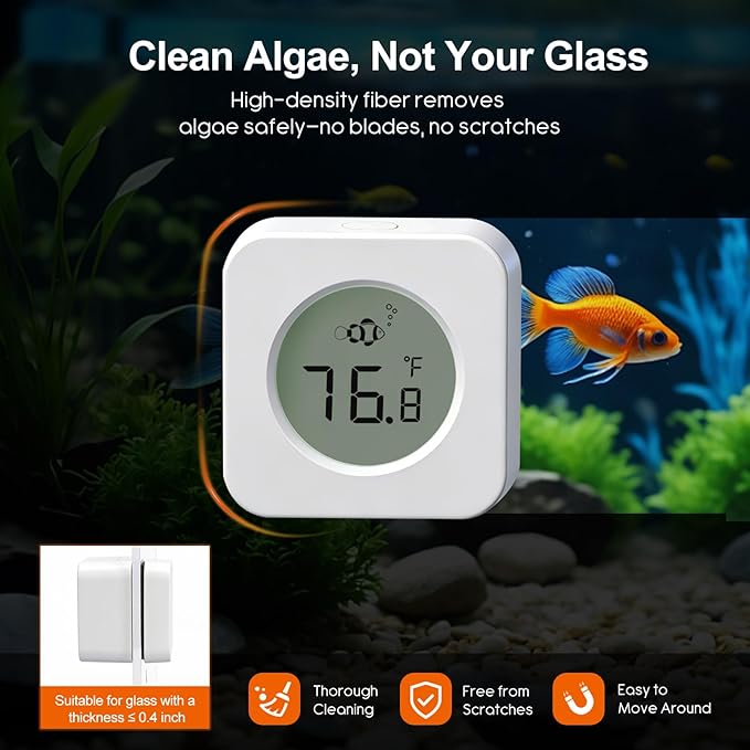 Nano Aquarium Magnetic Algae Scraper, Built-in High Accuracy Digital Aquarium Thermometer, 2 in 1 Fish Tank Glass Cleaner Tool for 1-30 Gallons Glass Tank