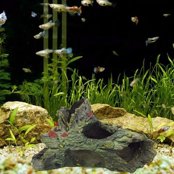 Tfwadmx Decaying Trunk Aquarium Ornament, Betta Fish Hideout - Small Resin Aquarium Decoration Log with Holes & Caves