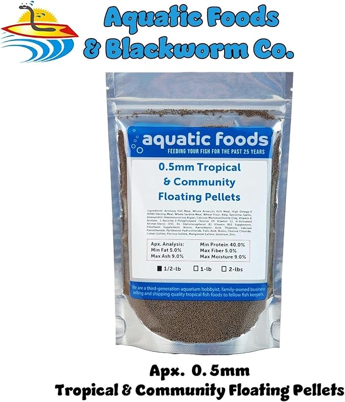 0.5mm - 1/64" Tropical & Community Fish Floating Micro Pellets for Tetras, Guppies, Angel Fish, Small Cichlids, All Tropical Fish. - WL…1/2-lb Foil Bag