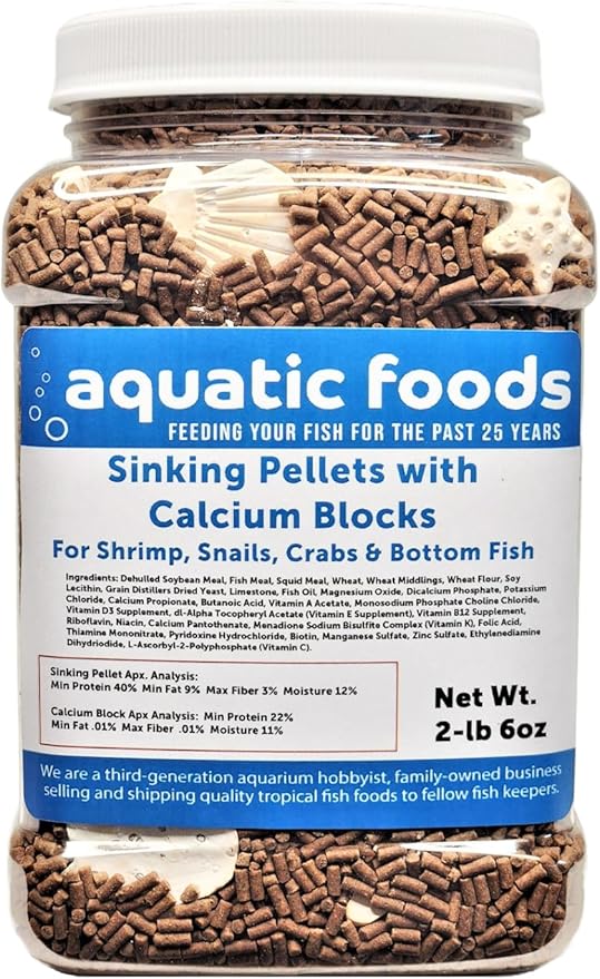 Calcium Shells Included in These Shrimp Pellets 40% Protein 1/16" x 3/8" Sinking Pellets, for Shrimp, Snails, Crabs, Catfish, Plecos for All Tropical Fish, Zeigler…2-lb 6oz Med Jar