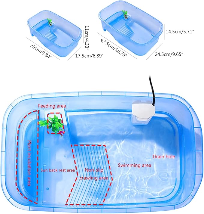 Turtle Aquarium Tank with Platform Habitat for Terrapins - Transparent, Multi-Function Areas, Bottom Drainage-Plug - Blue, Purple, or Orange