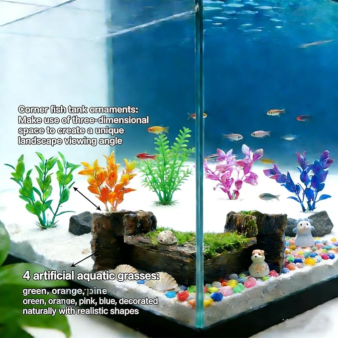 Fish Tank Tree Hole Hideout with 4 Artificial Aquarium Plants | Aquarium Hideout, Shrimp Cave, Aquarium Decor, Fish Tank Accessories for Betta, Guppy, Shrimp, Small Fish