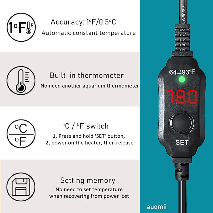 Mini Submersible Aquarium Heater, 25/30/50/100/150/200 Watts Adjustable Fish Tank Heater, Built-in Thermometer, External Temperature Controller, Smart Memory, Used for 1-60 Gallons (30W Plug)