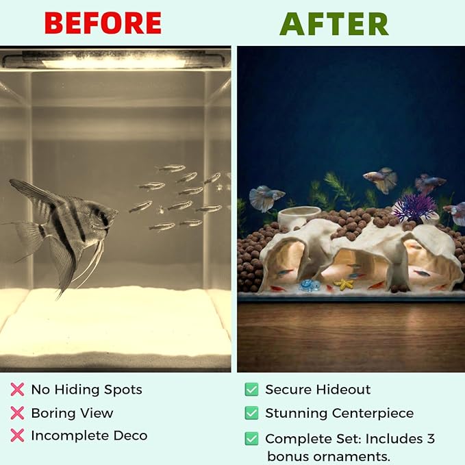 Large Aquarium Tunnel & Cave (9.5" L), 3D Printed Substrate Viewer Fish Hideout with Wide Top Entrances, Tank Decor for Small Fish, Corydoras, Betta & Shrimp- Set with 3 Mini Accessories (Yellow)