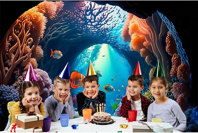 Renaiss 10x6.5ft Aquarium Backdrop Fabric Blue Underwater World Coral Reef Tropical Fish Photo Background Kids Adults Game Events Ocean Theme Birthday Party Decorations Portrait Photo Booth Prop