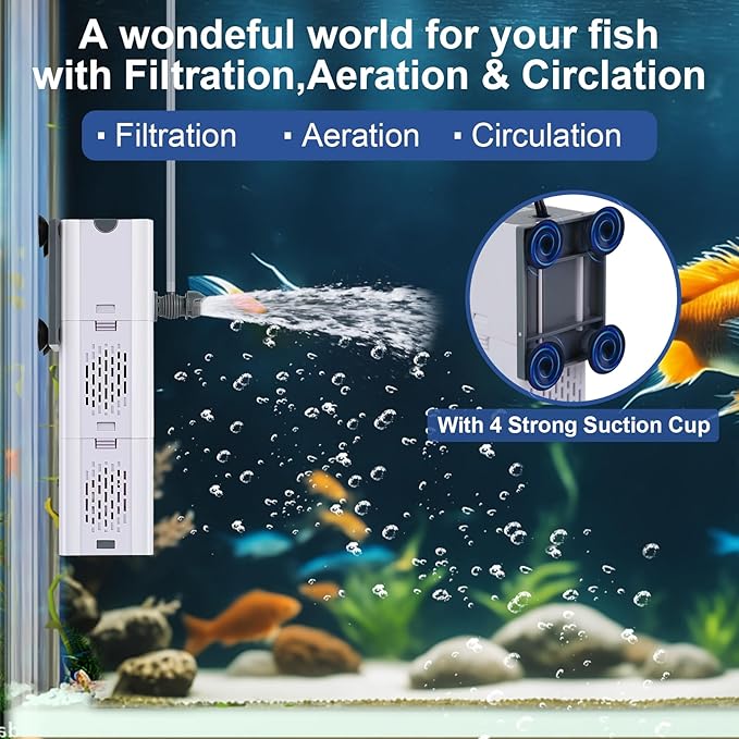 265 GPH 4-in-1 aquarium filter, 20-80 gallon fish tank filters Filtration and Oxygenation, filter for fish tank with biochemical cotton, ceramic beads, Multi-functional turtle tank filter(15 W)