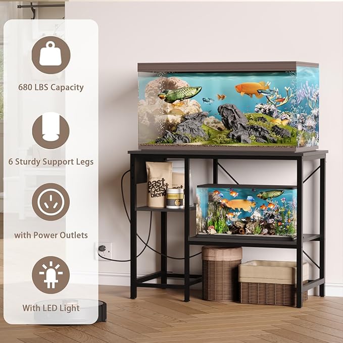BEURUKU 40-50 Gallon Fish Tank Stand with Power Outlet & LED Light, Metal Aquarium Stand with 3 Tier Adjustable Storage Shelves, Tank Stand for Reptile Tank, Turtle Tank, 36" L*18.5" W, Black