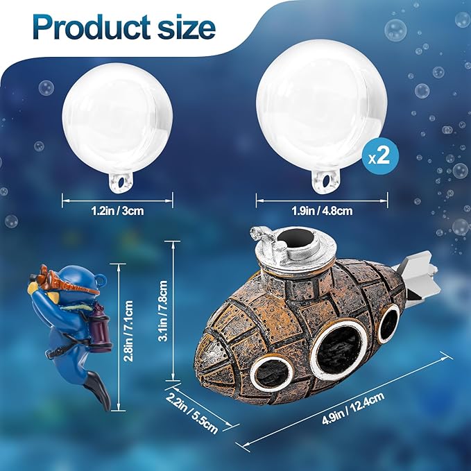 CousDUoBe New Upgrade Floating Fish Tank Decoration, Cute Retro Submarine Set and Floating Diver,Three Float Balls, Aquarium Decorations Resinous Betta Fish Tank Accessories