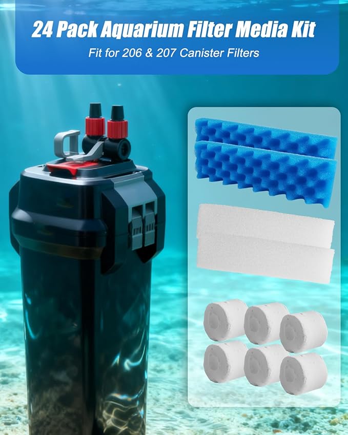 24 Pack Aquarium Filter Media Kit Fit for Fluval 206 207 Canister Filters, Includes Water Polishing Pad, Bio Foam Pad, Foam Blocks, Ceramic Rings, Activated Carbon, Filter Mesh Bag