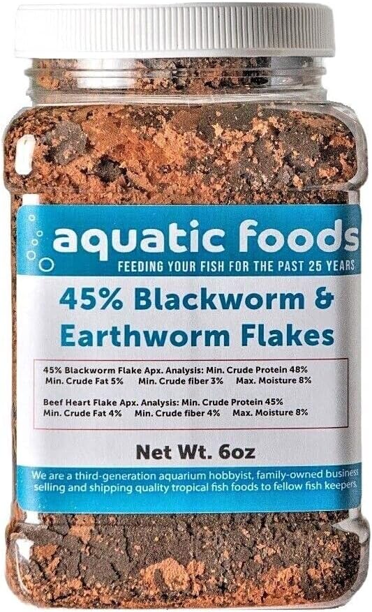 45% Blackworm Flake & Earthworm Flake Mix for Discus, Cichlids, All Tropical Fish. Aquatic Foods Premium Flakes…6oz Med Jar