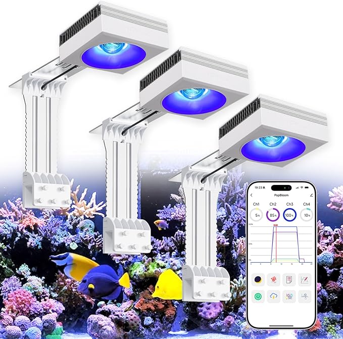 NEW PopBloom 3xRL115 WiFi & APP Programmable LED Reef Aquarium Light 360W for 60" 72" Marine SPS LPS Corals & Saltwater Tanks (RL115 with Arm Kitx3)
