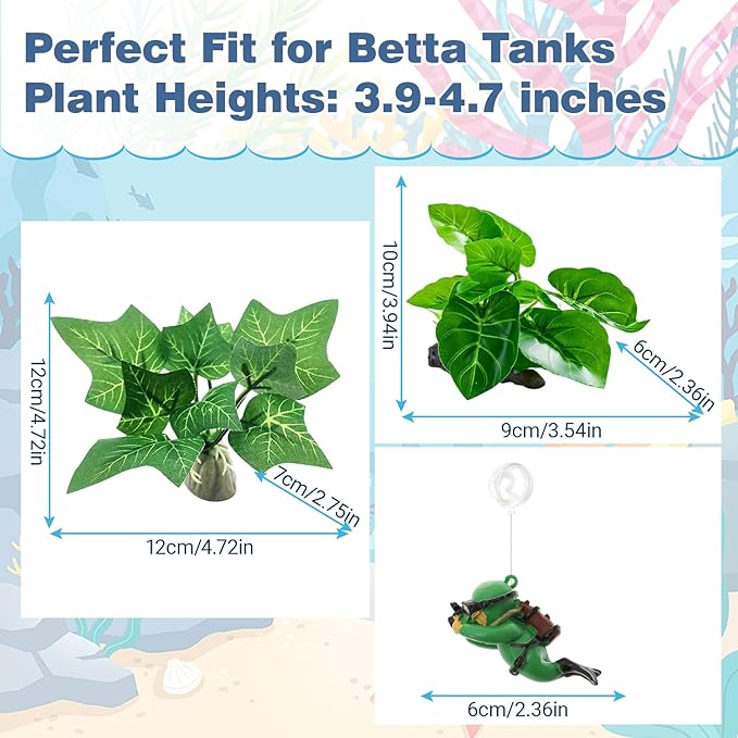 AZY 13-Piece Betta Fish Tank Decor – Realistic Aquarium Plants Set, Silk Aquarium Plants with Weighted Base, Aquarium Decor with Floating Diver Ornament for Fish Tank Decorations