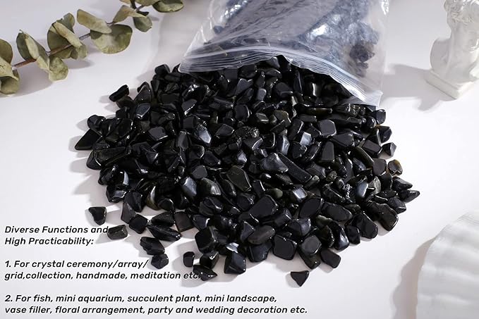 QINJIEJIE 400G Black Obsidian Crystal Polished Rocks 0.3-0.4" Tumbled Stones Chips Stone Crushed Quartz Natural Gem Home Decoration Aquarium Plants Cacti Vase Filler Landscape Bottom Ornament 0.9lb