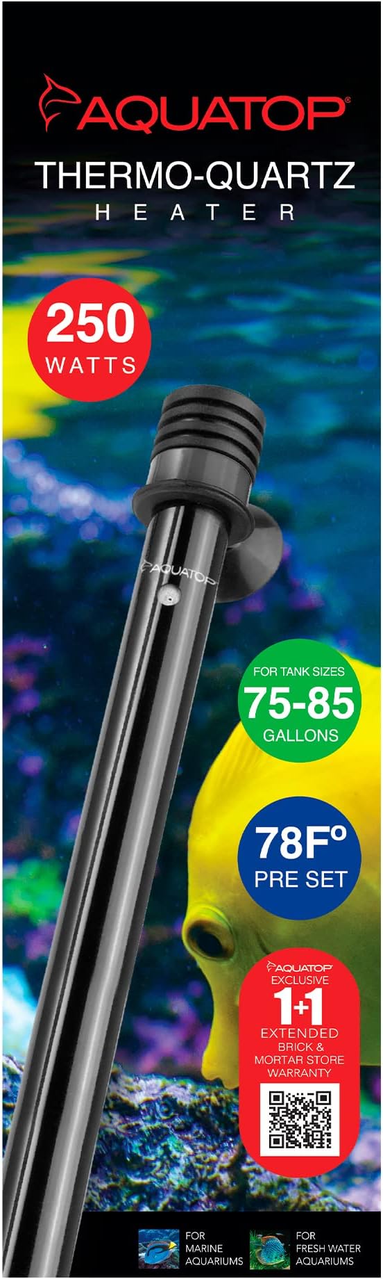 Aquatop 250W Thermo-Quartz Electronic Heater - Fully Submersible for Fish Tanks Up to 85 Gallons, Preset 78F Electric Thermostat, Fresh & Saltwater Use, Aquarium Heaters, TQ-250W
