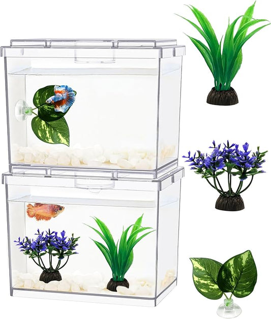 MoonOrange Mini Betta Fish Tank, Small Fish Bowl for Temporary Space, 0.2 Gallon Stackable Cube Tank with Artificial Plants and Gravels for Small Fish, Insect, Shrimp, Crab, Spider.(Pack-2)