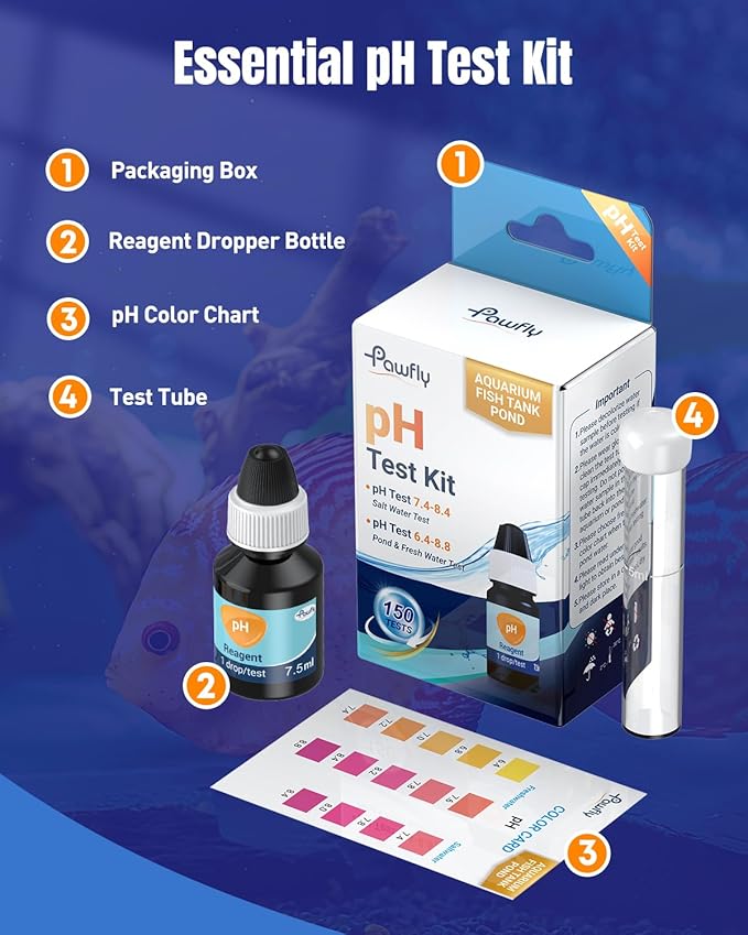 Pawfly Aquarium pH Test Kit, Accurate Fish Tank pH Testing Kit, Easy-to-Read pH Water Test Kit with Test Tube & Color Chart, Aquarium Liquid Test Kit for Freshwater & Saltwater