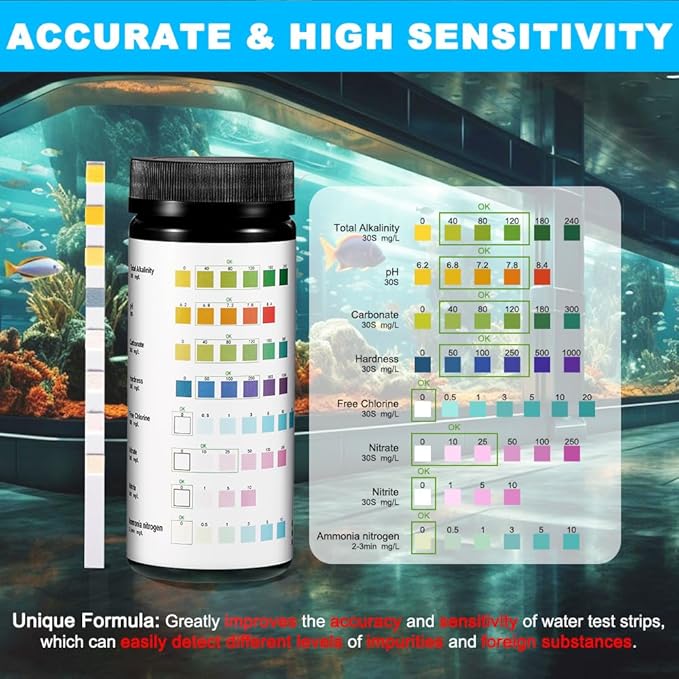 DaToo 8 in 1 Aquarium Test Kit Fish Tank Test Strips Accurate Water Quality Testing Strips for Ammonia PH Total Alkalinity Carbonate Hardness Free Chlorine Nitrate Nitrite Temperature (50 Strips)