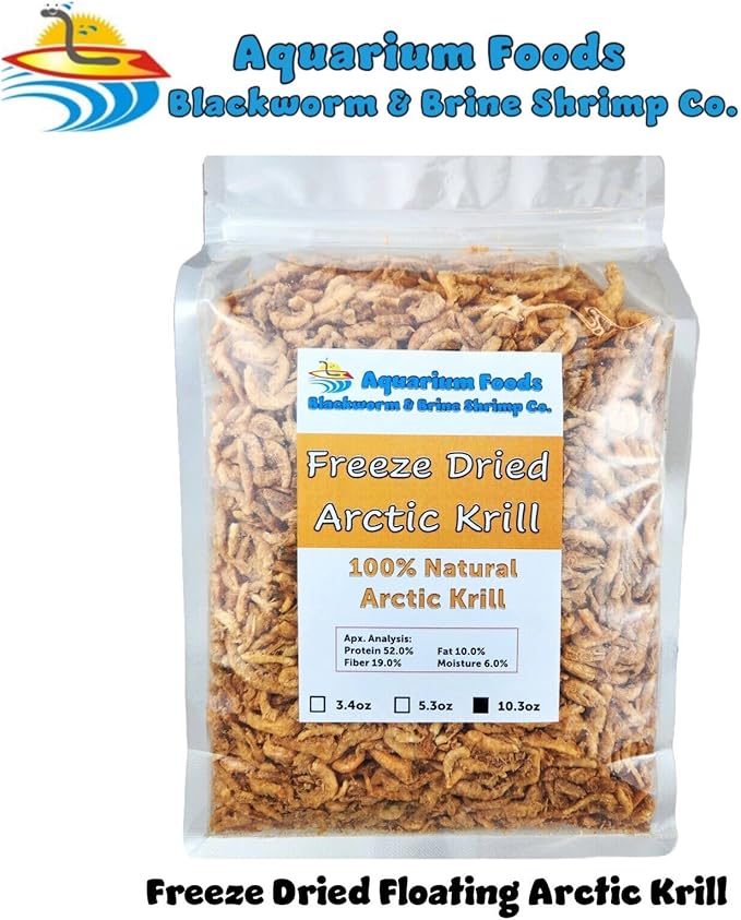 Arctic Krill, Floating Freeze Dried Krill for Tropical Fish, Marine Fish, Cichlids, Catfish, Pond Fish, Aquatic Turtles, Land Turtles, Hamsters, Rodents, Reptiles…10.3oz Clear Bag