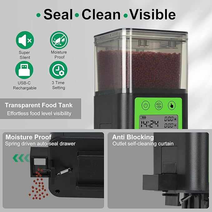 Lychee Automatic Fish Feeder USB Rechargeable 320ML Large Capacity Aquarium Fish Food Dispenser with Two Feeding Ring, Moisture-Proof-Aquarium Electric Timer Feeder for Vacation Business Trips