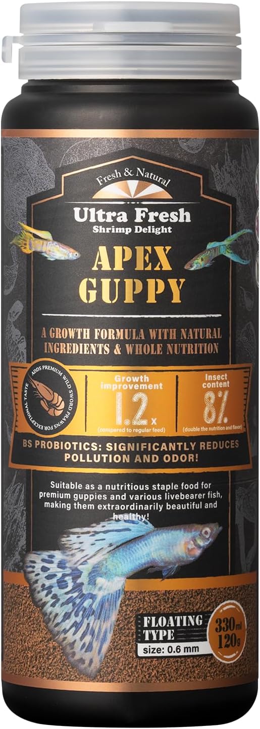 Ultra Fresh Apex Guppy Fish Food, Growth Formula with Natural Ingredients & Whole Nutrition 4.23oz
