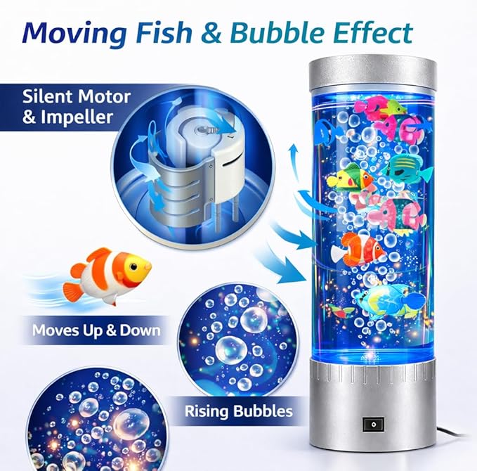 Bubble Fish Lamp with 6 Floating Fake Fish – LED Aquarium Night Light with Bubbles – Cylindrical Transparent Tank, Perfect for Rooms, Offices, and Living Spaces