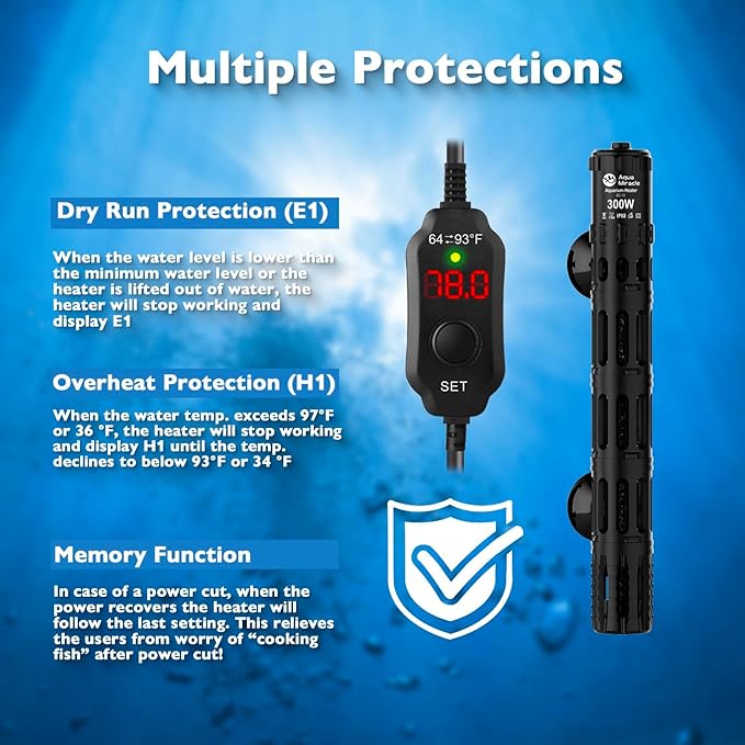 AquaMiracle Submersible Aquarium Heaters, 300W Fish Tank Heater with LED Digital Temp Display, Dry-Run Auto Power-Off & Overheat Protection, for Freshwater and Saltwater Tanks (40-75 Gal)