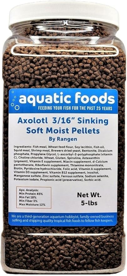 Axolotl Food 3/16" Soft Moist Sinking Salmon Pellets for Adult Axolotl Also Shrimp, Snails, Crabs, Crayfish, Bottom Tropical Fish...5-lb Lg Jar