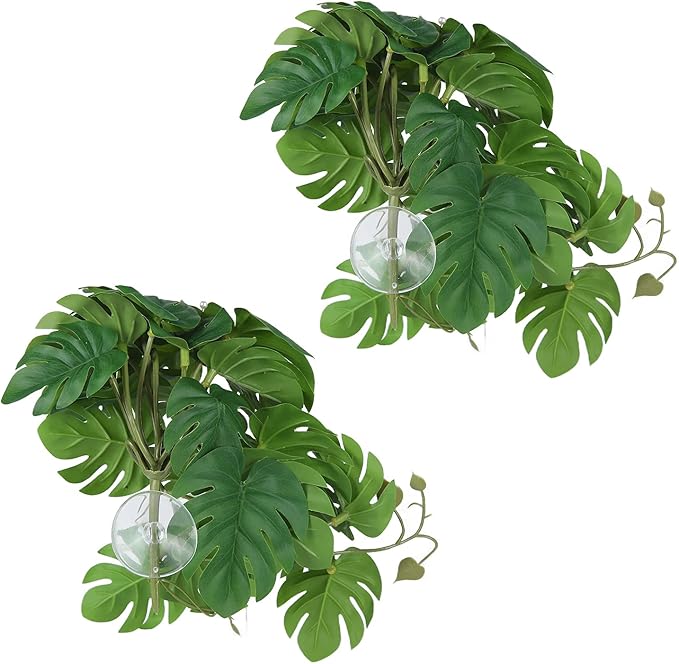 2PCS Artificial Water Plant,Simulation Vine,Lifelike Plastic Leaves Decoration with Suction Cup,Plastic Plant Aquatic Water Grass Decor for Fish Tank (Monstera Deliciosa Leaf)
