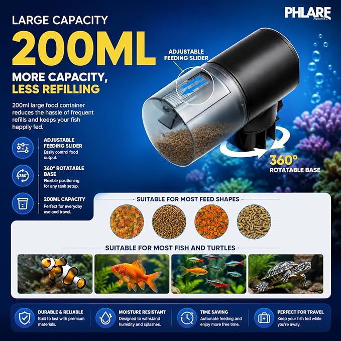 Automatic Fish Feeder – Rechargeable USB-C Timer Feeder for Aquariums & Fish Tanks | Vacation & Weekend Feeding | Flakes Pellets & Granules | 200ml Capacity | Freshwater & Saltwater