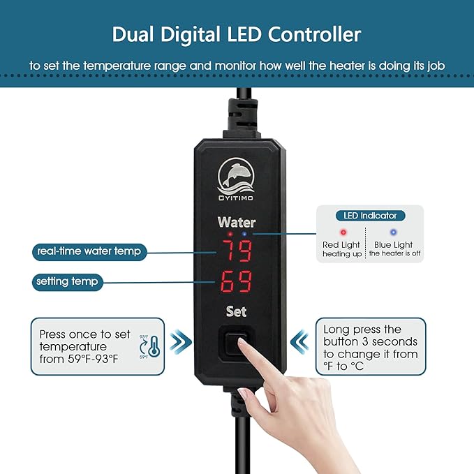 Small Aquarium Heater 25W Submersible Fish Tank Heater for 1-5 Gallons, Dual LED Display Temperature Controller, Suitable for Saltwater and Freshwater, Mini Water Heater for Betta/Turtle Tank
