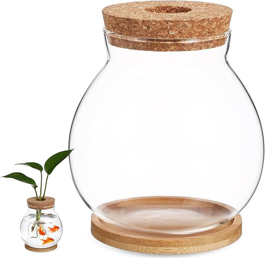 HANABASS Desktop Fish Bowl Hydroponic Terrarium Small Glass Betta Fish Tank with Wood Lid and Bamboo Stand for Home Office Decoration