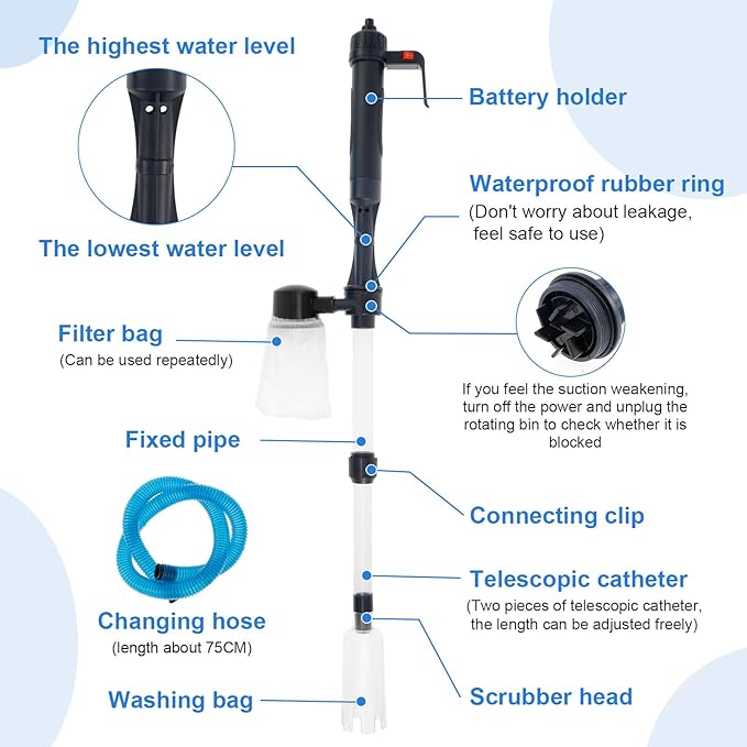 Fish Tank Siphon Vacuum Cleaner, Aquarium Gravel Cleaner with Filter, Fish Tank Cleaner for Water Change, Sand Cleaning and Remove Dirt, 4 in 1 Fish Tank Cleaner Vacuum with Adjustable Length