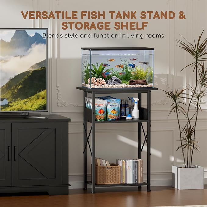 10 Gallon Fish Tank Stand with Storage Shelves, 3-Tier Aquarium Stand with Rust-Proof Metal Frame, Heavy Duty Waterproof Reptile Turtle Tank Stand for Home Office Up to 150LBS, 21.5" L x 11.5" W x 30" H, Black
