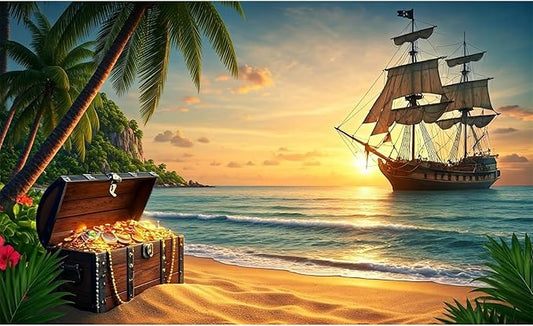 Beach Aquarium Background Pirate Ship Tropic Island Treasure Chest Fish Tank Background Sunset Vintage Pirates Sailing Old Ship Ocean Seascape Terrarium Backgrounds for Tank Backgrounds Decors 36x24in