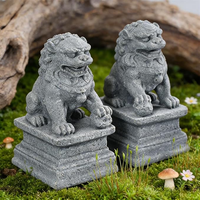 livelyfish Asian Fu Foo Dogs Statues A Pair of Two Guardian Lion Sandstone Figurine Pets Fish Tank Aquarium Landscape Ornaments Garden Feng Shui Decorations, M