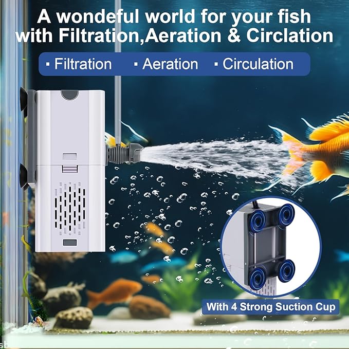 132 GPH 4-in-1 Aquarium Filter, 10-40 Gallon Fish Tank Filters Filtration and Oxygenation, Filter for Fish Tank with Biochemical Cotton, Multi-Functional Turtle Tank Filter(7 W)