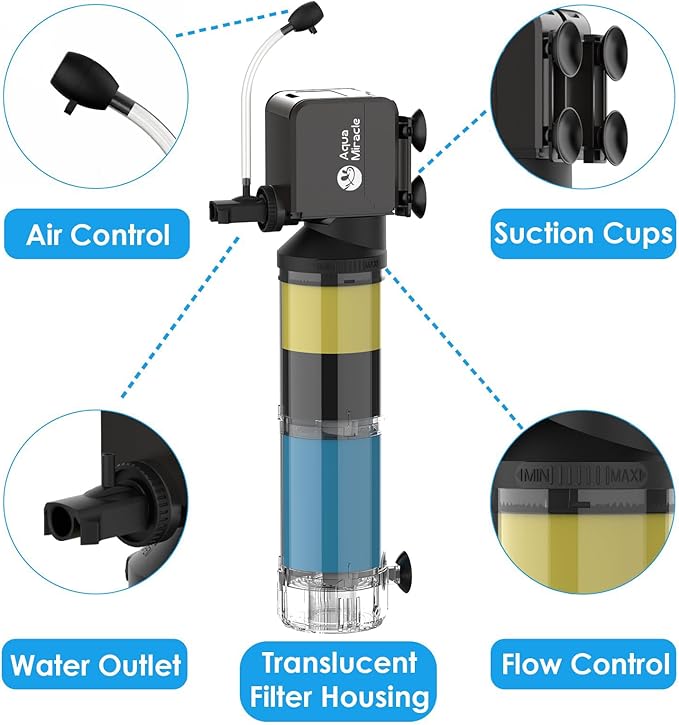 AquaMiracle Aquarium Filter for 40-150 Gallon Aquariums, Fish Tank Filters Turtle Filter Internal Power Filter 3-Stage Filtration with Aeration/Rainfall Modes Flow Rate and Direction Adjustable