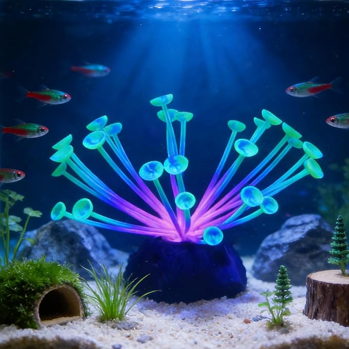 Suction Cup Anemone Aquarium Decor with Silicone Tentacles, Realistic Coral Reef Ornament for Saltwater and Freshwater Fish Tanks, Flexible Habitat for Shrimp, Invertebrates & Aquascaping (Green)