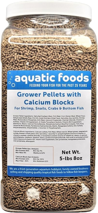 Calcium Blocks Included with Shrimp Grower 45% Protein Sinking Pellets, 1/16" x 3/8" Pellets for Shrimp, Snails, Crabs, Catfish, Plecos, All Tropical Fish, Zeigler…5-lb 8oz Lg Jar