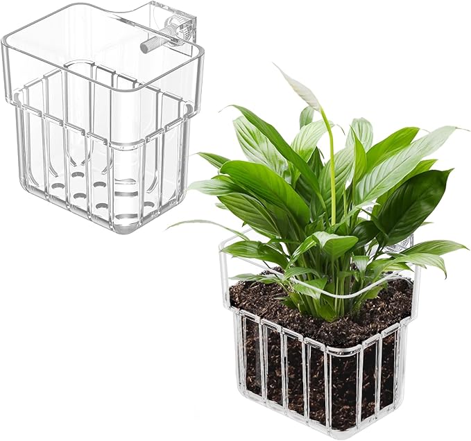 Pawfly 2 Pcs Clear Acrylic Aquarium Plant Holder for Fish Tanks, Top Hanging Fish Tank Planting Holder with Hook, Adjustable Aquarium Planter Cup