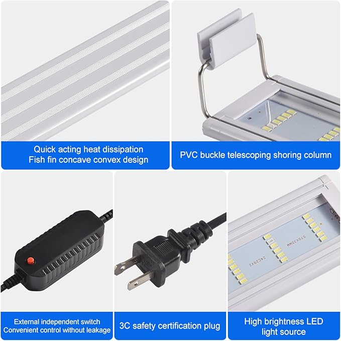 LED Aquarium Light, Full Spectrum Fish Tank Lighting, Ultra-Thin 1cm Design, 6-Row Blue & White LEDs, No Flicker, High Efficiency Cooling for 11.02-14.02in Fish Tanks (11.02inch)
