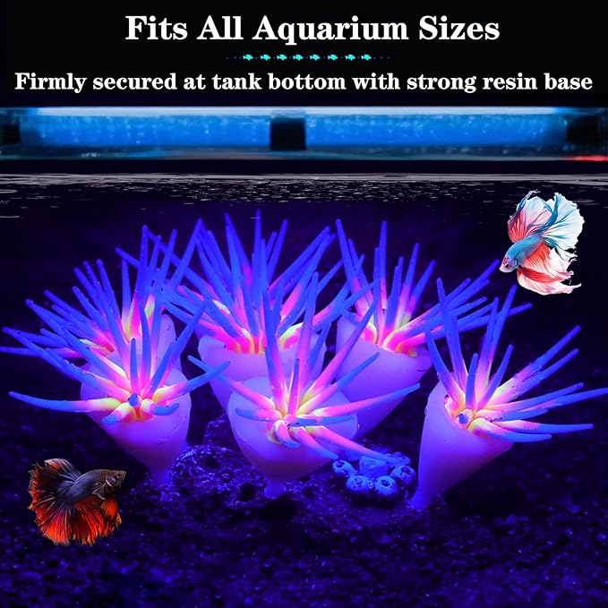 Silicone Glowing Effect Aquarium Fish Tank Decorations, Artificial Soft Anemone Coral Plants Ornaments for Aquarium Decor Landscape, Glow in Dark Fish Tank Accessories Decorations(Blue)