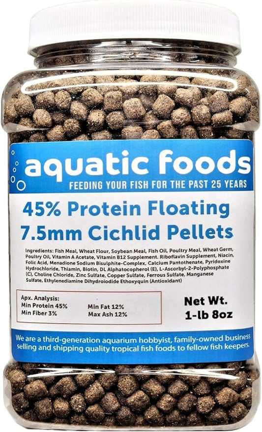 Cichlid Pellets, 45% Protein Floating 7.5mm Pellets for Larger Oscars, Central American, South American Cichlids …1-lb 8oz Med Jar
