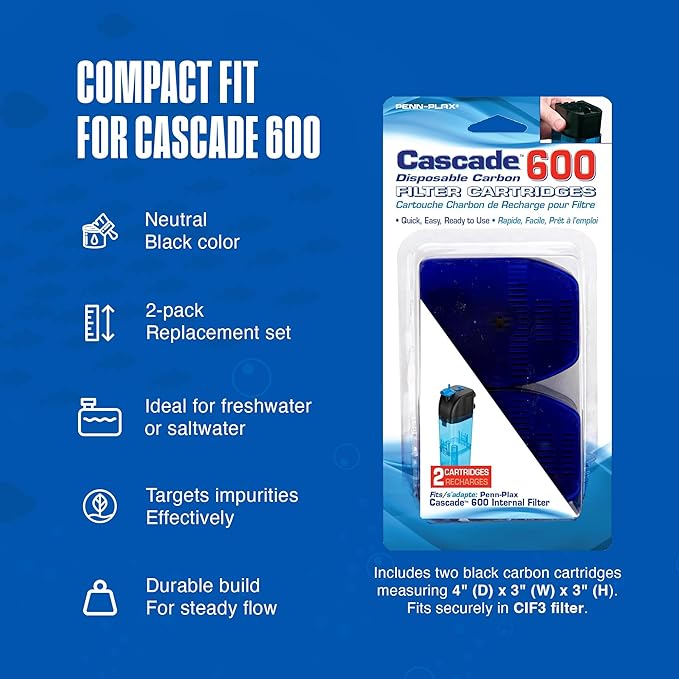 Penn-Plax Cascade 600 Filter Replacement Carbon Cartridges - 2 Pack, Activated Carbon Media for CIF3 Submersible Internal Aquarium Filter - Removes Odors, Discoloration & Impurities - Black, 4x3x3 in