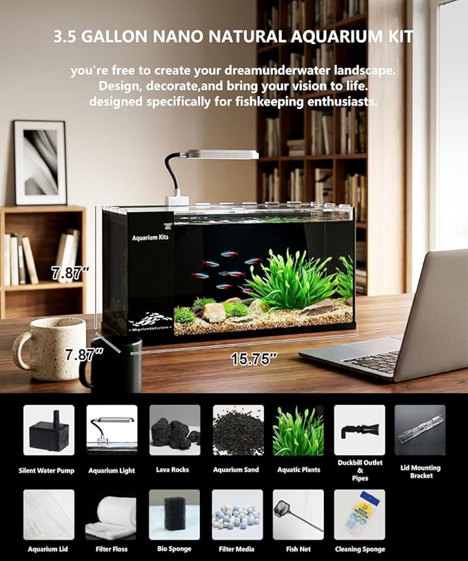 Fish Tank Kit,3.5 Gallon Small Aquarium,Ultra-Clear Nano Aquarium,Betta Fish Tank,Suitable for Small Fish Tank,Aquarium Starter kit,Desktop Fish Tank (Black Background)
