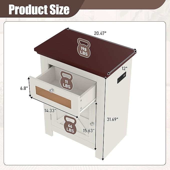 10-15 Gallon Aquarium Stand With Power Outlets, Farmhouse Fish Tank Stand, Reptile and Terrarium Stand with Drawer and Cabinet Storage, Sturdy Heavy Duty 20.4" 12",White